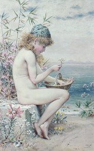 Menina, com, um, cesta coral